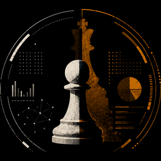 Emblema de On The Record Politics: un peón y un rey de ajedrez partidos por la mitad, rodeados de gráficos de datos.
